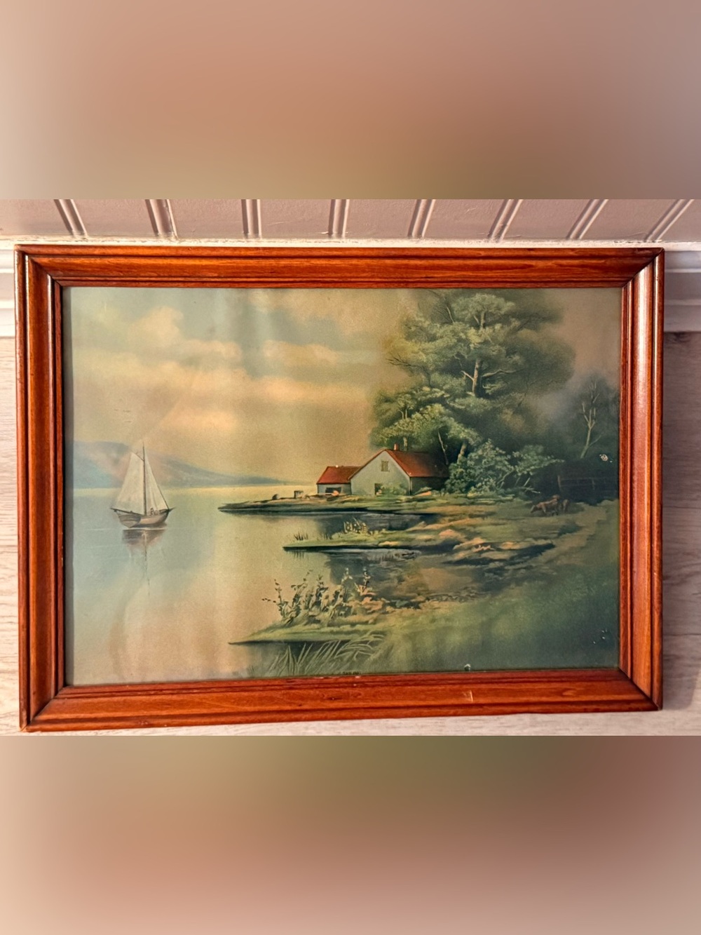 Vintage Scenic Landscape Print House on a Lake Serene Setting